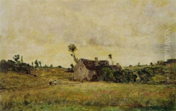 Landschaft Mit Bauernhaus Und Figurenpaar Oil Painting by Gustave Eugene Castan
