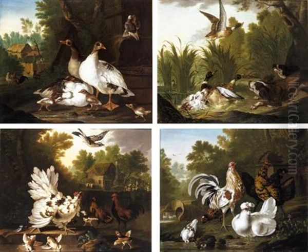 Three Spaniels Startling A Group Of Ducks In A Pond (+ 3 Others; 4 Works, Various Sizes) Oil Painting by Pieter Casteels III