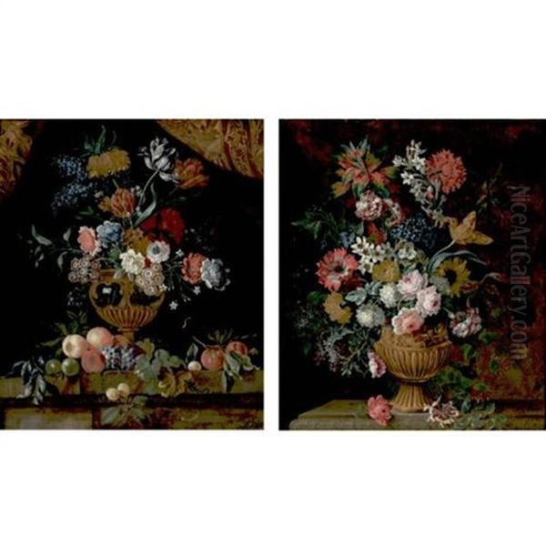 Still Life Of Various Flowers In An Ornate Vase Resting On A Ledge (+ Still Life Of Various Flowers In An Ornate Vase Resting On A Ledge Strewn With Fruit; Pair) Oil Painting by Pieter Casteels III