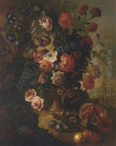 Tulips, Carnations, Peonies And Other Flowers In An Urn, With Plums, Peaches And A Watermelon In A Landscape Oil Painting by Pieter Casteels III