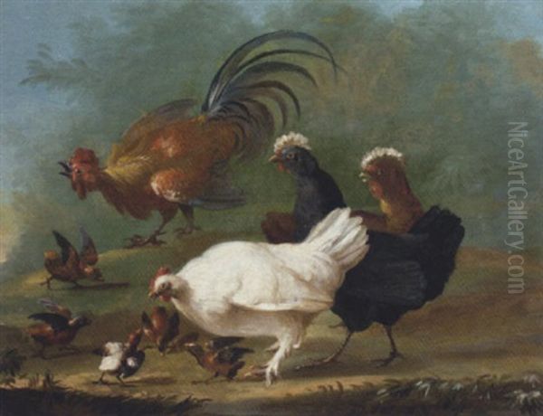 Chickens, Chicks And A Cockerel In A Landscape Oil Painting by Pieter Casteels III