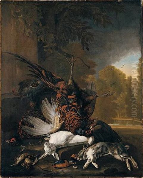 Still Life Of Pheasants, Rabbits, A Finch, Kingfisher And Sparrows (?) In A Landscape Oil Painting by Pieter Casteels III