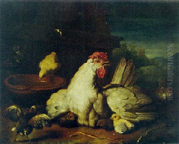 A Hen With Chicks In A Farmyard Oil Painting by Pieter Casteels III
