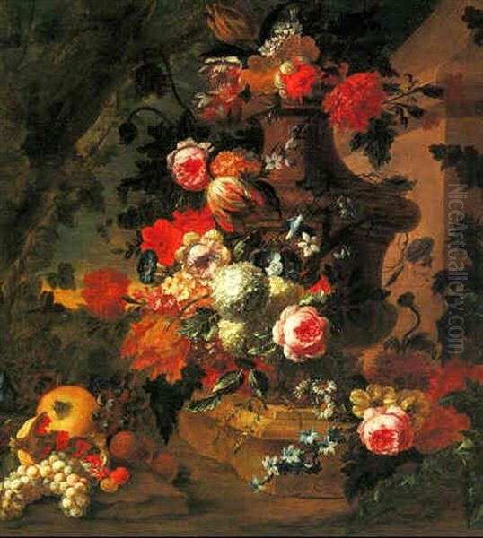 Still Life Of Flowers In A Vase Set In A Landscape Oil Painting by Pieter Casteels III