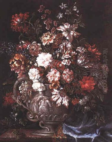 A Still Life Of Tulips, Roses, Convolvulus, Poppies, Liac And Other Flowers In An Ornamental Stone Urn With A Blue Cloth On A Marble Ledge Oil Painting by Pieter Casteels III