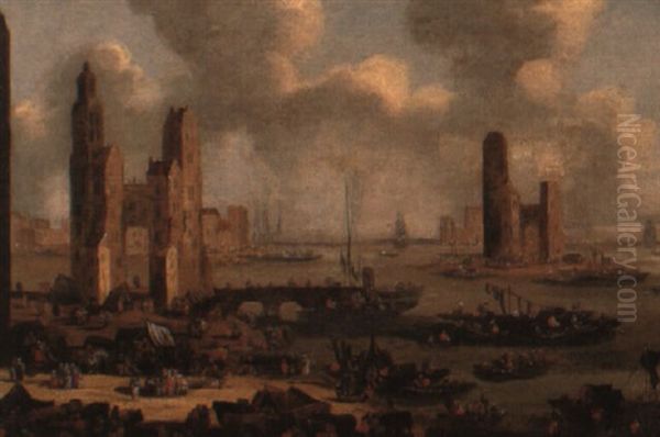 A Capriccio Harbour With Numerous Figures Oil Painting by Pieter Casteels III