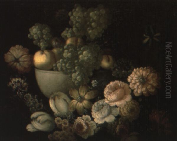 Grapes And Other Fruits And Flowers On A Ledge Oil Painting by Pieter Casteels III
