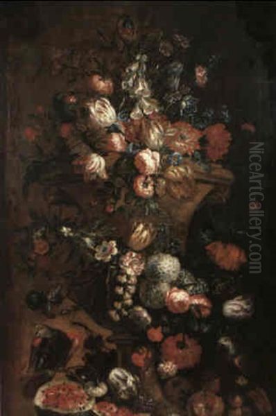 A Still Life Of Assorted Flowers Including Parrot Tulips,   Foxgloves, Roses Carnations, Lilac, Convolvulus, A Sun Oil Painting by Pieter Casteels III