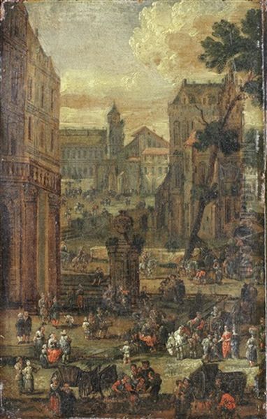 A Townscape With Figures In A Market Square Oil Painting by Pieter Casteels the Younger
