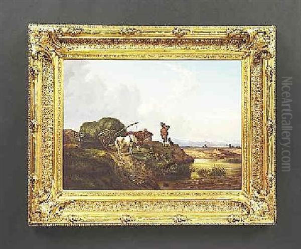 Nach Der Heuernte. Verzweifelter Bauer Bei Seinem Zusammengebrochenen Heuwagen An Einer Furt Oil Painting by Anton Castell