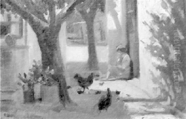 Joven En El Patio Y Gallinas Oil Painting by Roberto Castellanos