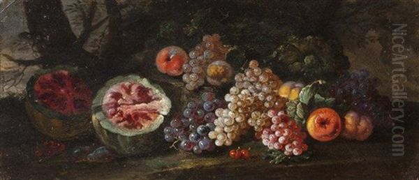 Nature Morte Aux Raisins, Pasteque Et Peches Oil Painting by Giovanni Paolo Castelli (lo Spadino)