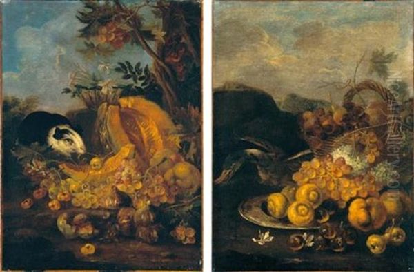 Nature Morte Con Frutta, Fiori Ed Animali In Un Paesaggio (pair) Oil Painting by Giovanni Paolo Castelli (lo Spadino)