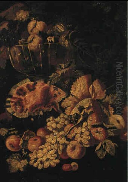 Still Lifes Of Grapes, Apples, Peaches,            Pomegranates, Figs And Watermelon Oil Painting by Giovanni Paolo Castelli (lo Spadino)