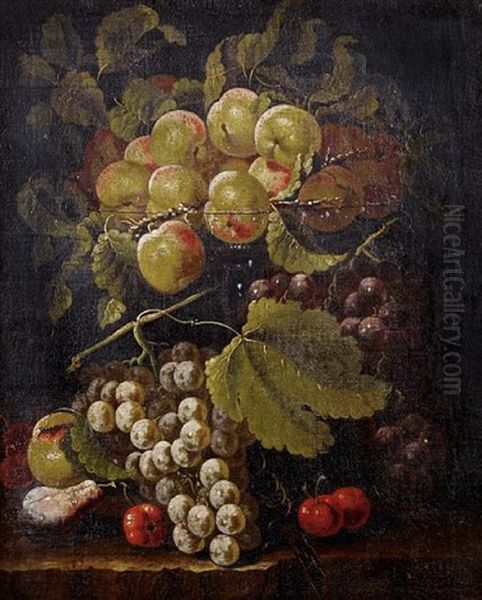 Peaches With Grapes And Cherries On A Stone Ledge Oil Painting by Bartolomeo Castelli the Younger