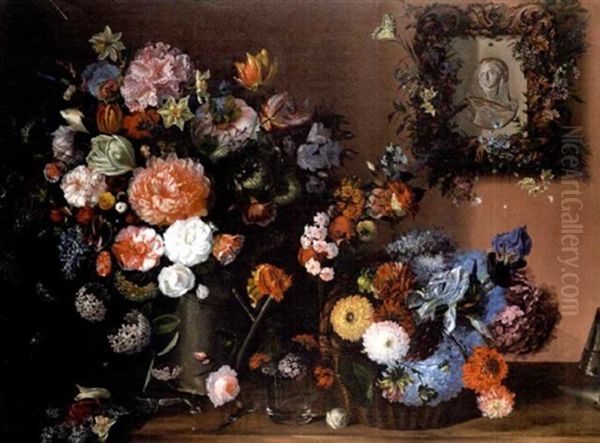 Chrysanthemums, Snowballs, Tulips, Narcissi, Ranuncula And Other Flowers In A Watering Can Beside A Basket Filled With Hydrangeas, Irises, Chrysanthemums And Other Flowers Oil Painting by Tommaso Castellini
