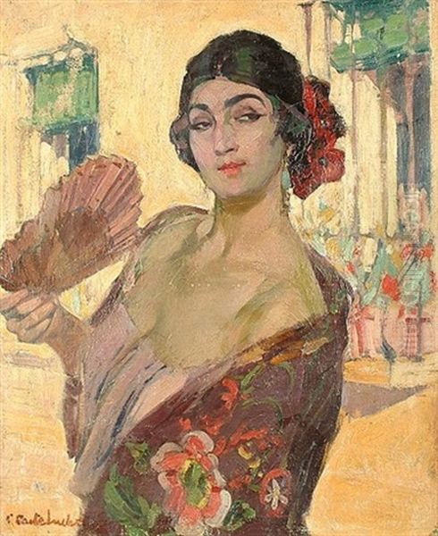 Flamenco Dancer With Fan (+ Harbour Scene, Verso) Oil Painting by Claudio Castelucho