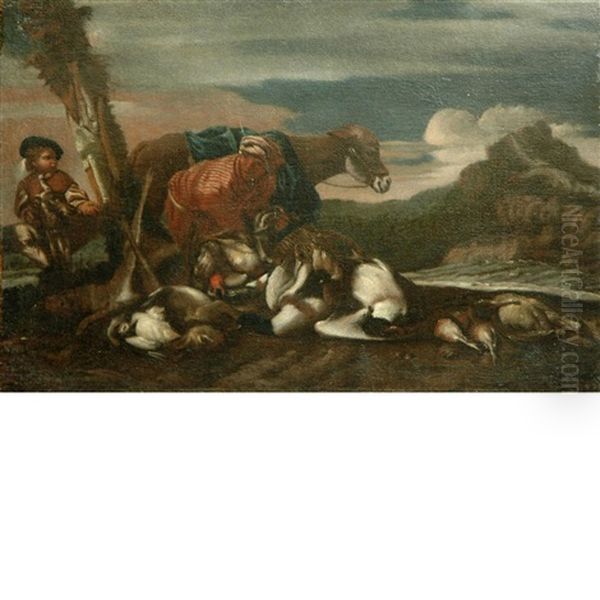 Hunters With Felled Game In A Landscape Oil Painting by Giovanni Benedetto Castiglione