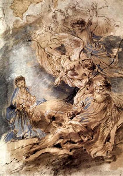 The Angel Instructing Joseph To Flee With His Family Oil Painting by Giovanni Benedetto Castiglione