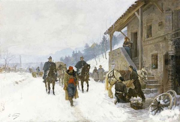Paysage En Hiver Avec Saltimbanques, Ours Savants Et Des Gendarmes A Cheval Oil Painting by Edouard Castres