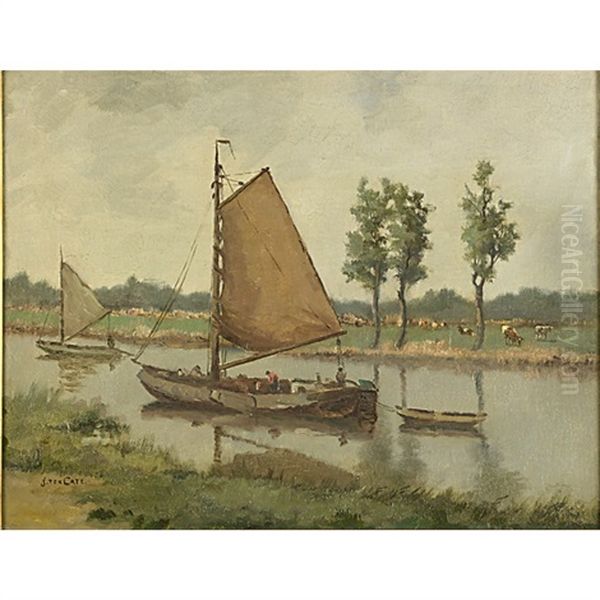 A Waterscape With Sailboats And Cattle Oil Painting by Hendrik (Henk) Jan ten Cate