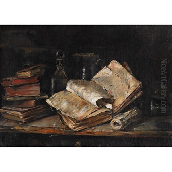 Still Life Of Antiquarian Books And Vessels On A Ledge Oil Painting by Hendrik (Henk) Jan ten Cate