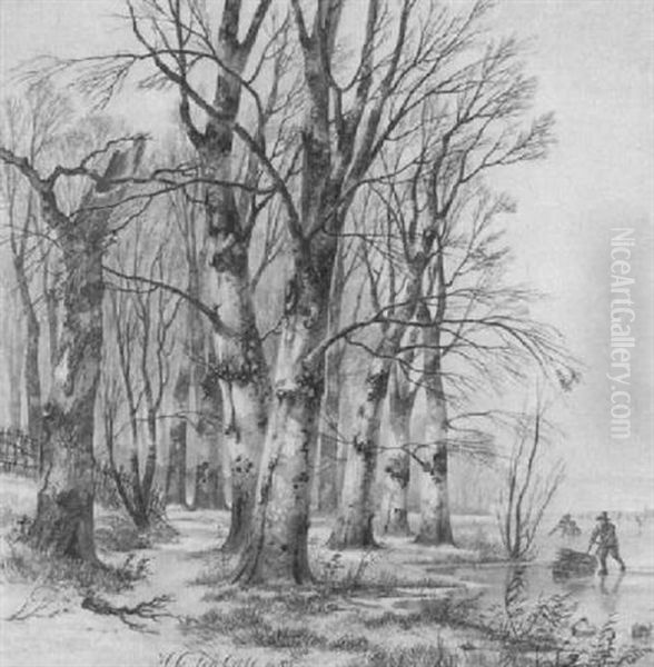 Verschneiter Wald Mit Flach Einfallender Sonne Oil Painting by Hendrik Gerrit ten Cate