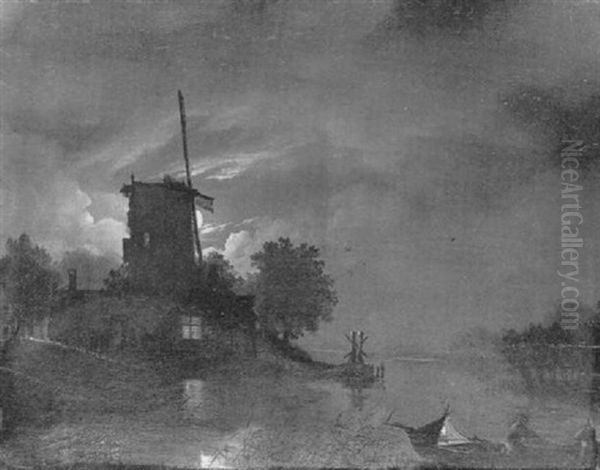 Muhle Bei Mondschein Oil Painting by Hendrik Gerrit ten Cate