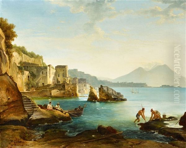 The Bay Of Naples With Fishers And Shell Collectors Oil Painting by Franz Ludwig Catel