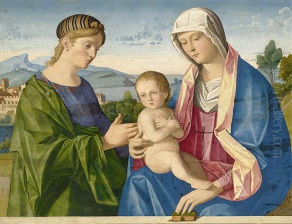 The Madonna And Child With A Female Saint Before A Parapet, A Landscape Beyond Oil Painting by Vincenzo di Biagio Catena