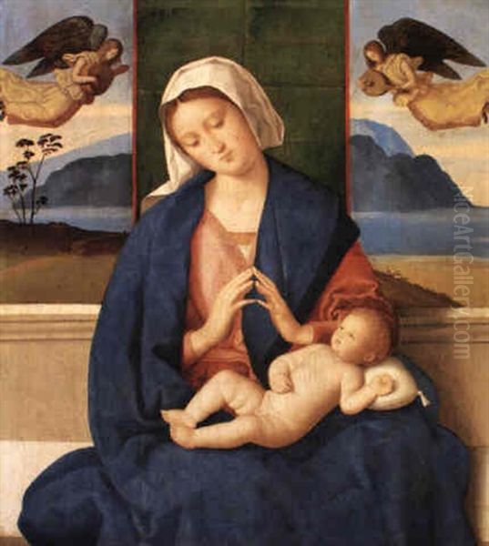 Madonna And Child With Music-making Angels Above Oil Painting by Vincenzo di Biagio Catena