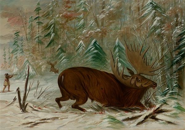 Moose Hunt Oil Painting by George Catlin