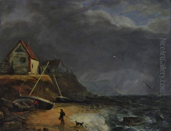 Fisherfolk On A Beach (possibly Mundesley), Approaching Storm Oil Painting by Charles, Catton Jnr.