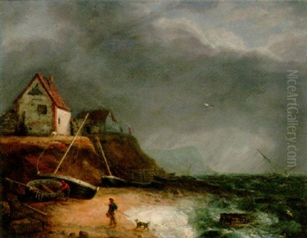 Fisherfolk On The Beach Before An Approaching Storm Oil Painting by Charles, Catton Jnr.