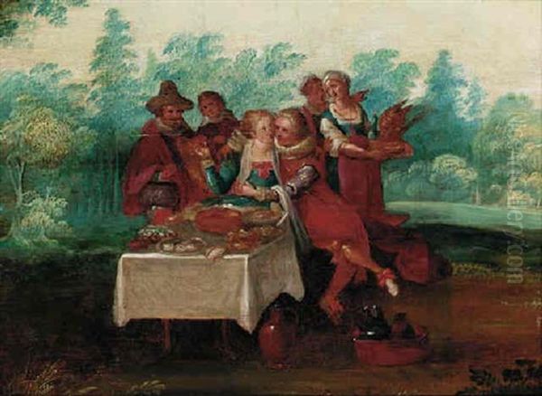 An Elegant Couple Attended By Musicians And Servants In A Park Oil Painting by Louis de Caullery