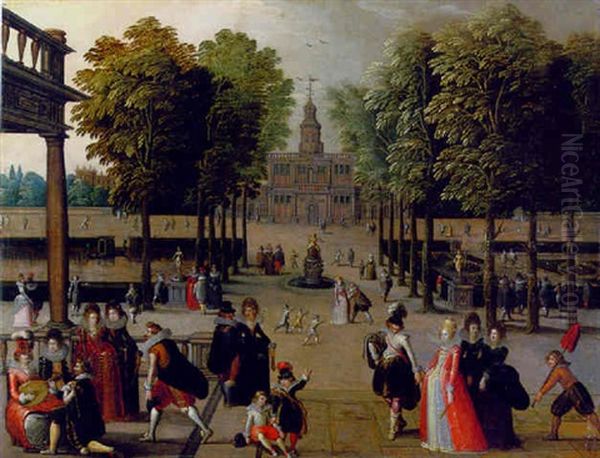 An Elegant Company In A Park With A Boating Lake And Formal Garden, A Palace Beyond Oil Painting by Louis de Caullery
