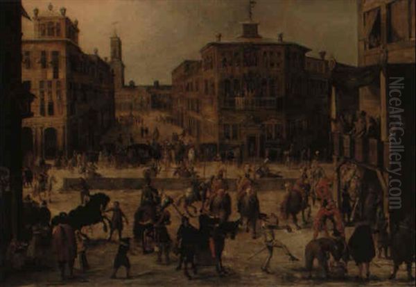 A Tournament, With Acrobats And Clowns, In A Renaissance City Setting Oil Painting by Louis de Caullery