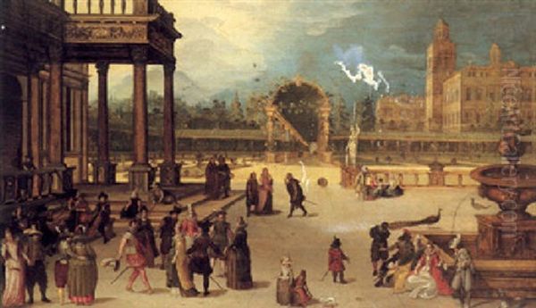 Elegant Figures Promenading In The Gardens Of A Villa Oil Painting by Louis de Caullery