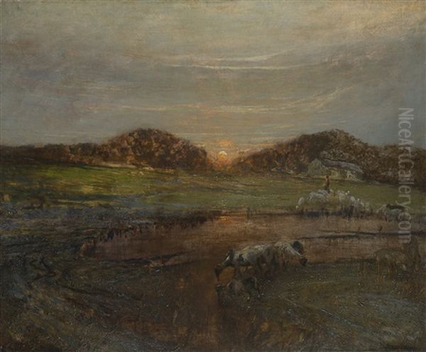 Paesaggio Con Armenti Al Tramonte Oil Painting by Ludovico Cavaleri