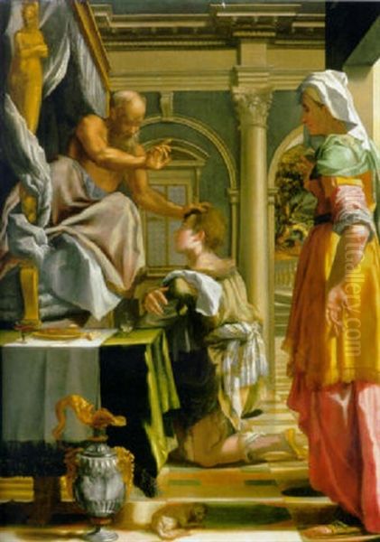 Isaac Blessing Jacob Oil Painting by Mirabello Cavalori (Salincorno)