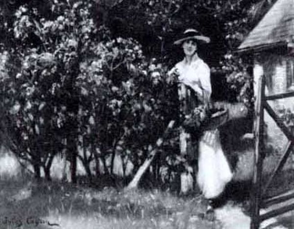 Jeune Femme Cueillant Des Pivoines Oil Painting by Jules Cayron