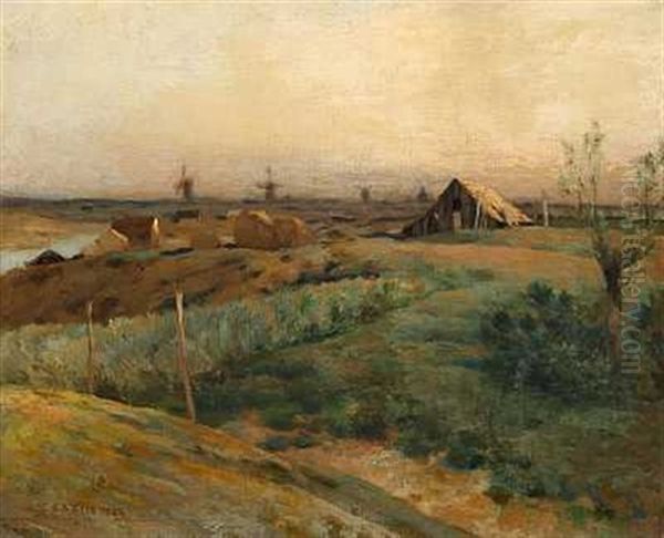 Landskab Med Huse Og Vindmoller Ved En Flod Oil Painting by Jean-Charles Cazin