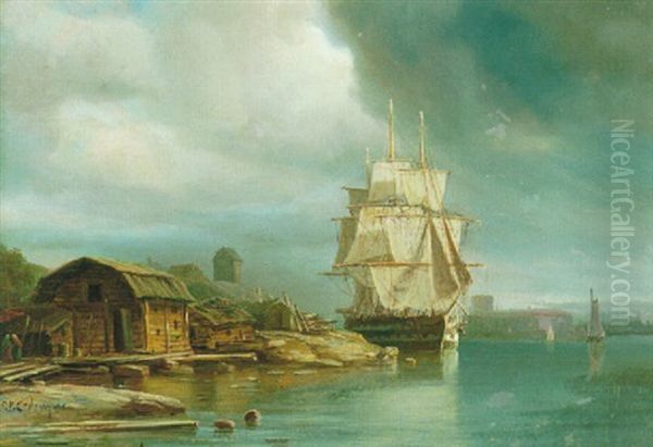 Segelfartyg Pa Saltsjon - Strandmotiv Med Byggnader, Stockholm Oil Painting by Pehr Wilhelm Cedergren