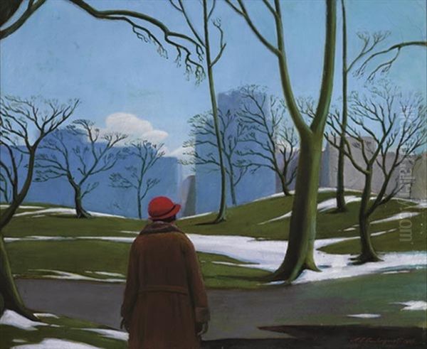 In The Park, Winter, Central Park Oil Painting by Arthur E. Cederquist