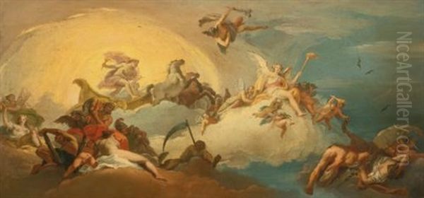 Aurora With Apollo Driving The Sun Chariot Oil Painting by Costantino Cedini