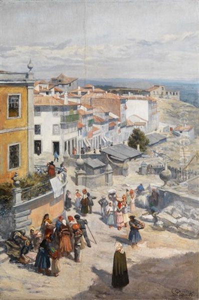 Blick Uber Die Hauser Einer Hafenstadt Mit Regem Treiben Zum Meer Hin Oil Painting by Giuseppe Cellini