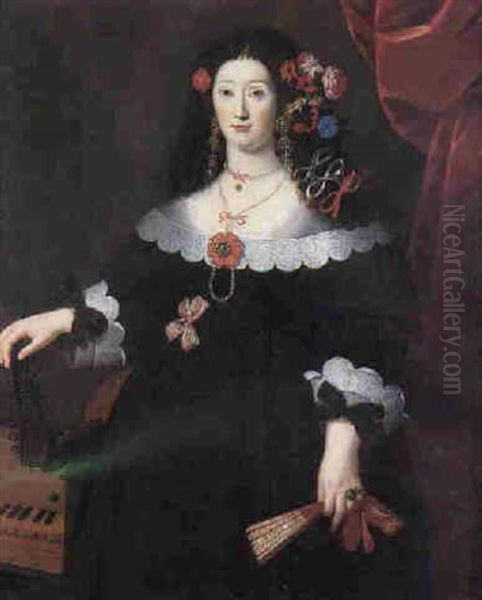 Portrait Of A Lady Beside A Harpsichord And A Lute, Her Hair Decorated With Flowers And Bows Oil Painting by Carlo Ceresa
