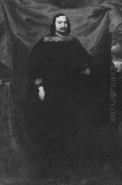 Portrait Of A Gentleman Standing On A Terrace Before A Red  Drapery Oil Painting by Carlo Ceresa