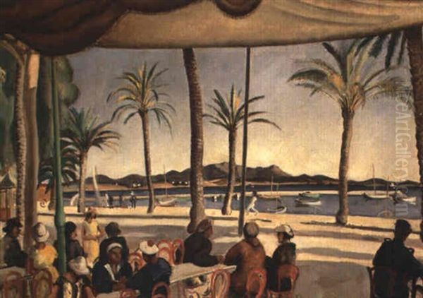 Scene De Cafe En Bord De Mer Oil Painting by Edmond Ceria