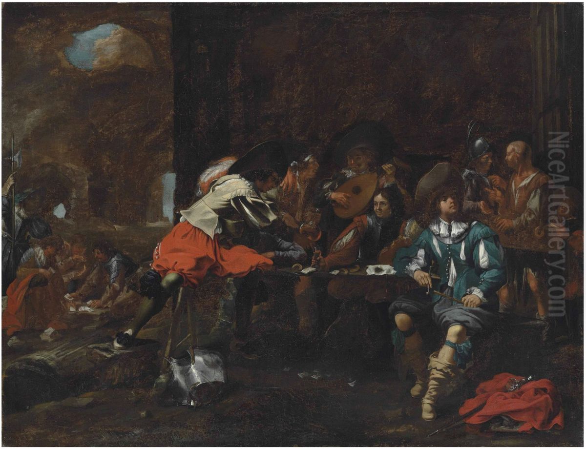 Soldiers And Elegant Figures Playing Cards And Making Music In A Ruined Classical Building Oil Painting by Michelangelo Cerquozzi